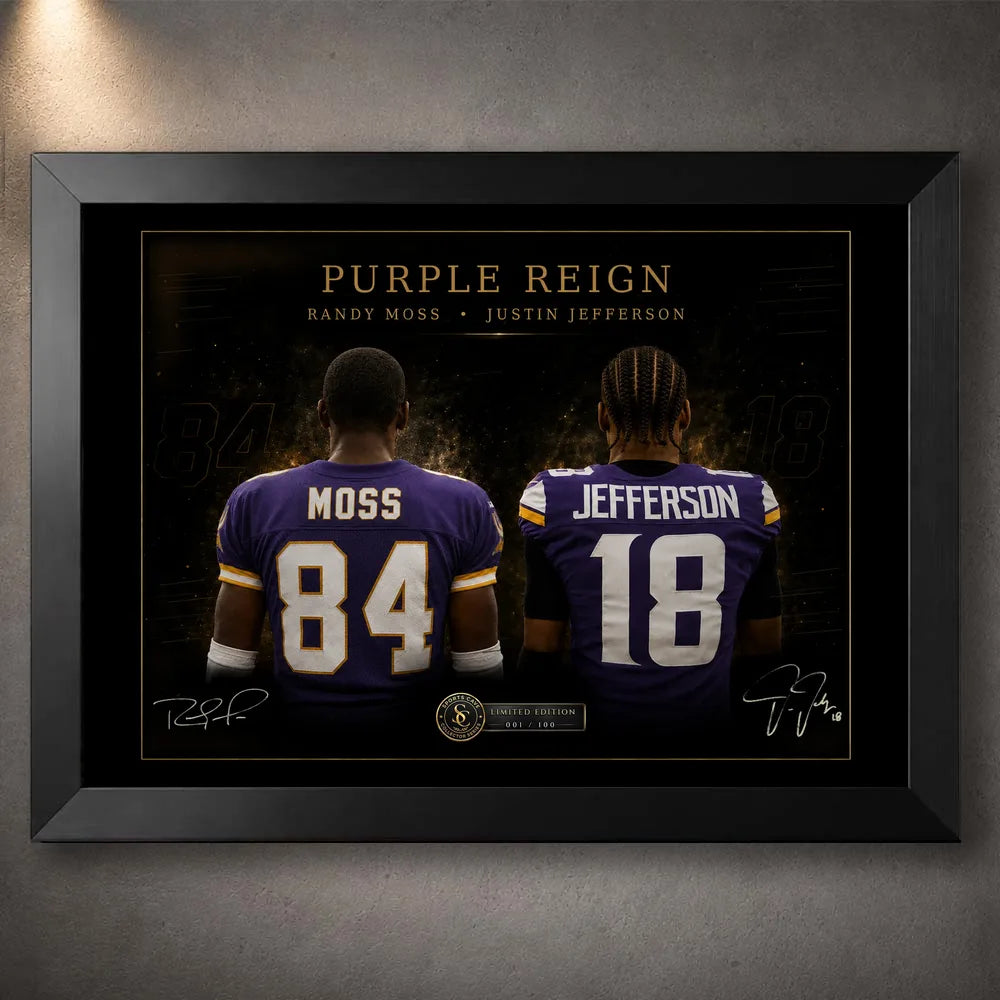 Black framed Purple Reign Randy Moss and Justin Jefferson NFL wall art for a football collector display.