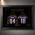 Black framed Purple Reign Randy Moss and Justin Jefferson NFL wall art for a football collector display.
