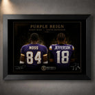 Black framed Purple Reign Randy Moss and Justin Jefferson NFL wall art for a football collector display.