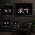 Purple Reign NFL wall art size guide showing Small, Medium, Large and XL dimensions in centimetres and inches.
