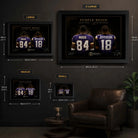 Purple Reign NFL wall art size guide showing Small, Medium, Large and XL dimensions in centimetres and inches.