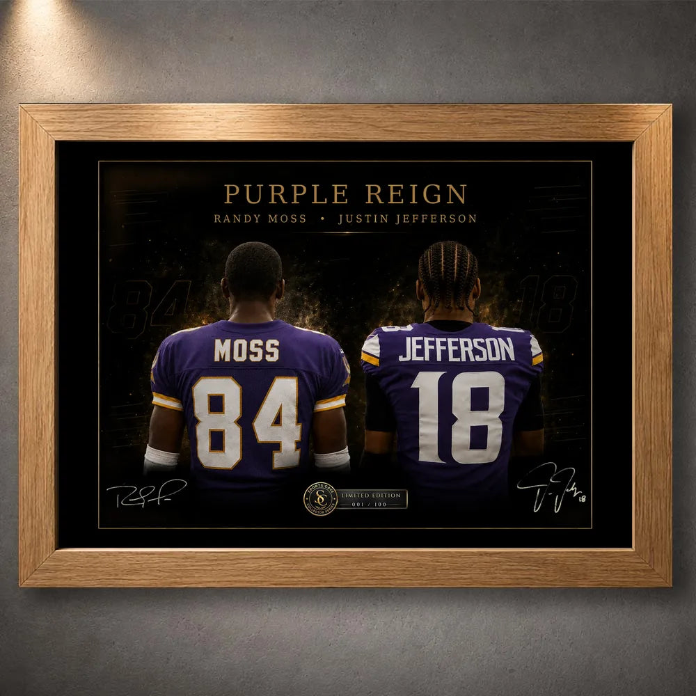 Oak framed Purple Reign Randy Moss and Justin Jefferson NFL wall art for a football collector wall.