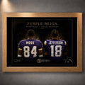 Oak framed Purple Reign Randy Moss and Justin Jefferson NFL wall art for a football collector wall.