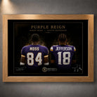 Oak framed Purple Reign Randy Moss and Justin Jefferson NFL wall art for a football collector wall.