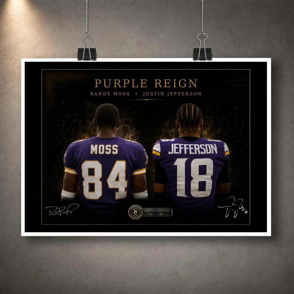 Unframed Purple Reign Randy Moss and Justin Jefferson NFL wall art design with black and gold presentation border.