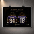Unframed Purple Reign Randy Moss and Justin Jefferson NFL wall art design with black and gold presentation border.