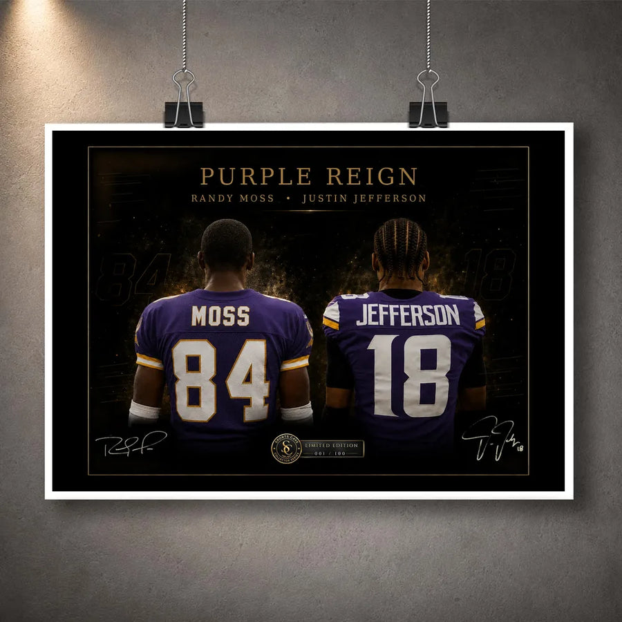Unframed Purple Reign Randy Moss and Justin Jefferson NFL wall art design with black and gold presentation border.