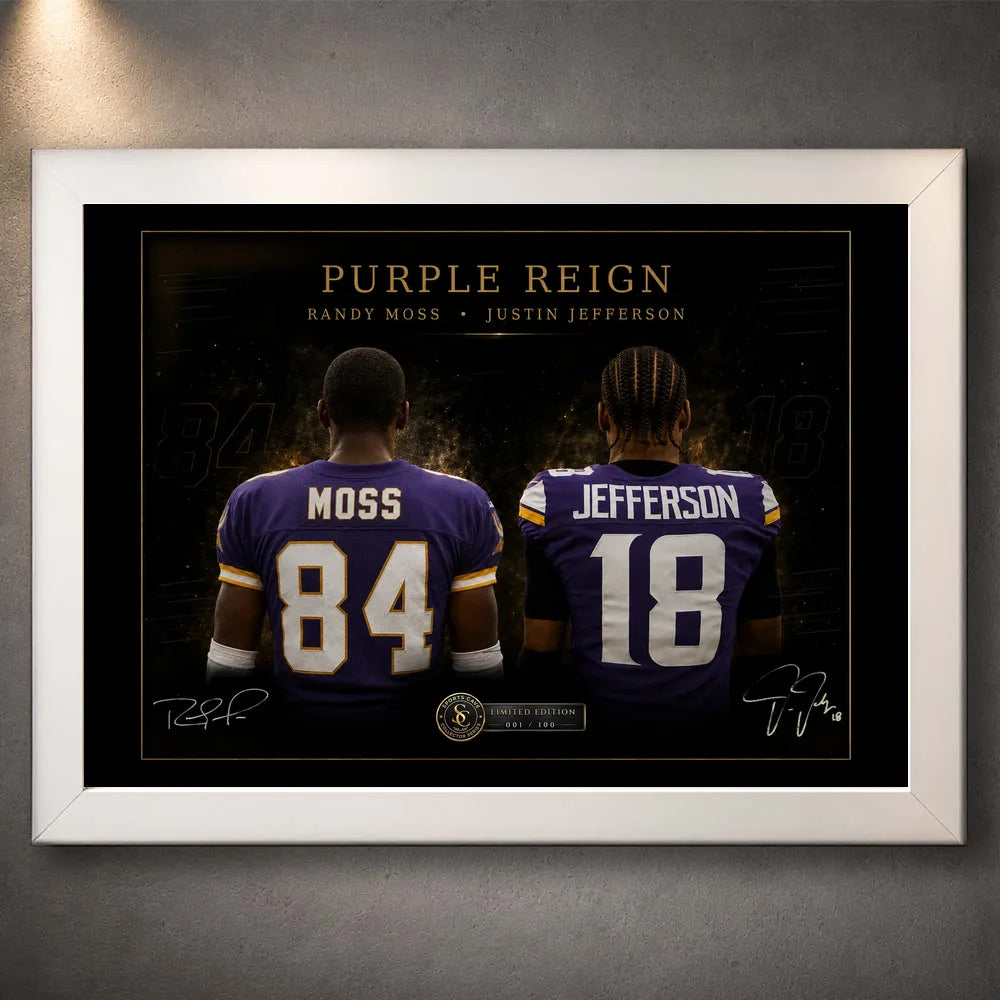 White framed Purple Reign Randy Moss and Justin Jefferson NFL wall art presented against a neutral wall.