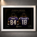 White framed Purple Reign Randy Moss and Justin Jefferson NFL wall art presented against a neutral wall.