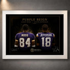 White framed Purple Reign Randy Moss and Justin Jefferson NFL wall art presented against a neutral wall.