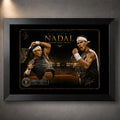 Rafael Nadal black framed tennis wall art with gold collector plaque and clay court championship scene.