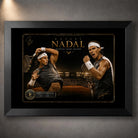 Rafael Nadal black framed tennis wall art with gold collector plaque and clay court championship scene.
