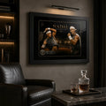 Rafael Nadal black framed tennis wall art hanging in a dark premium man cave with leather chair and collector styling.