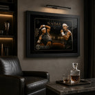 Rafael Nadal black framed tennis wall art hanging in a dark premium man cave with leather chair and collector styling.