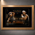 Rafael Nadal oak framed tennis wall art with black and gold collector artwork on a textured wall.