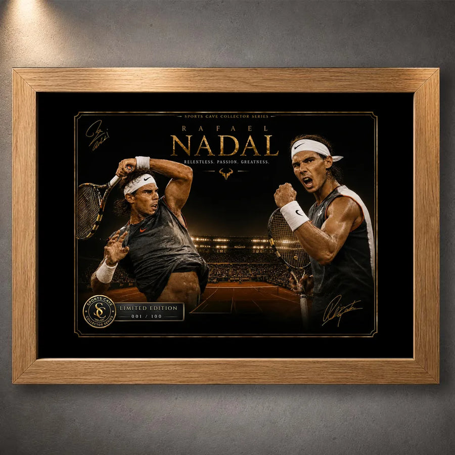 Rafael Nadal oak framed tennis wall art with black and gold collector artwork on a textured wall.