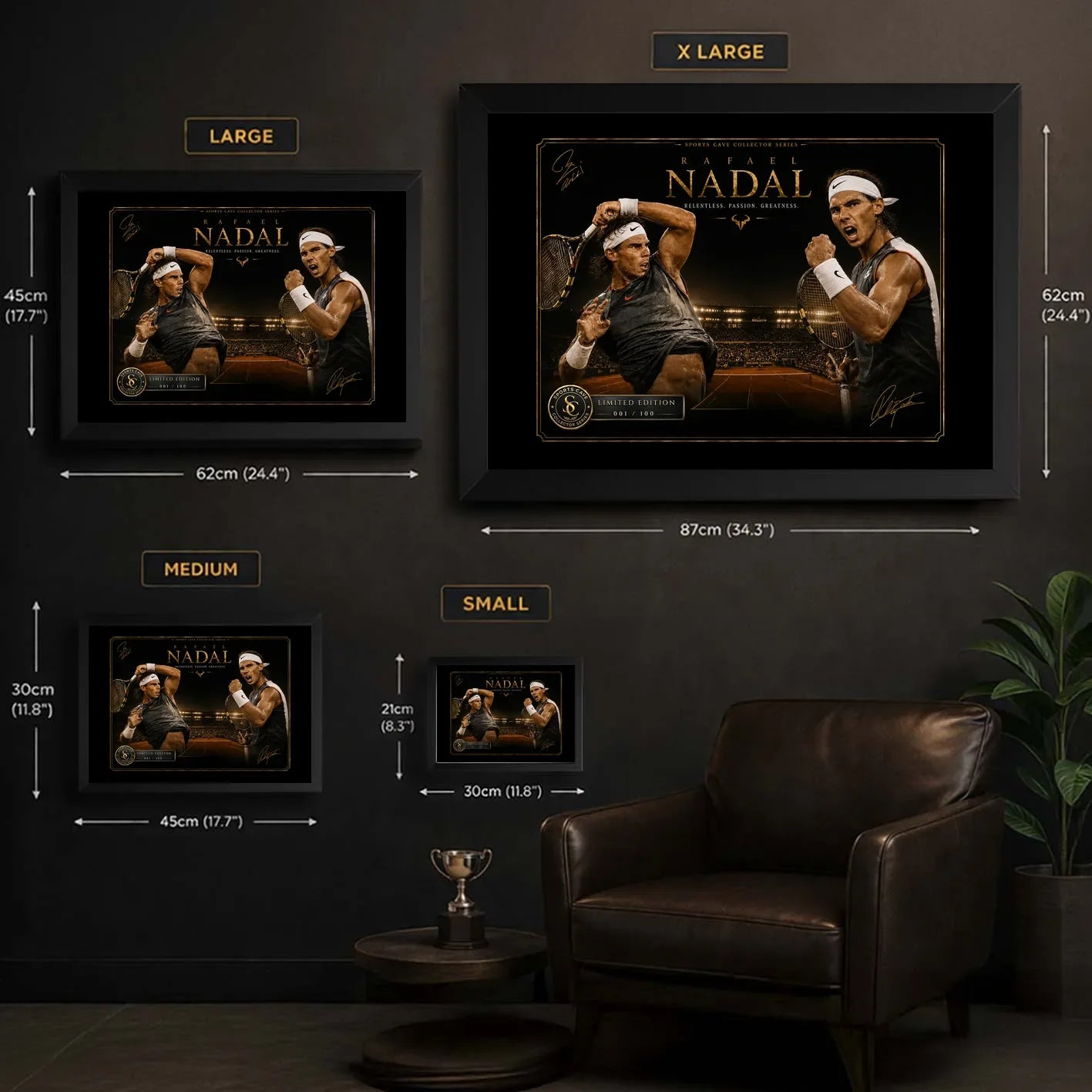 Rafael Nadal tennis wall art size guide comparing small, medium, large and extra large framed print dimensions.