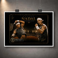 Rafael Nadal unframed tennis wall art print hanging with clips against a textured grey wall.