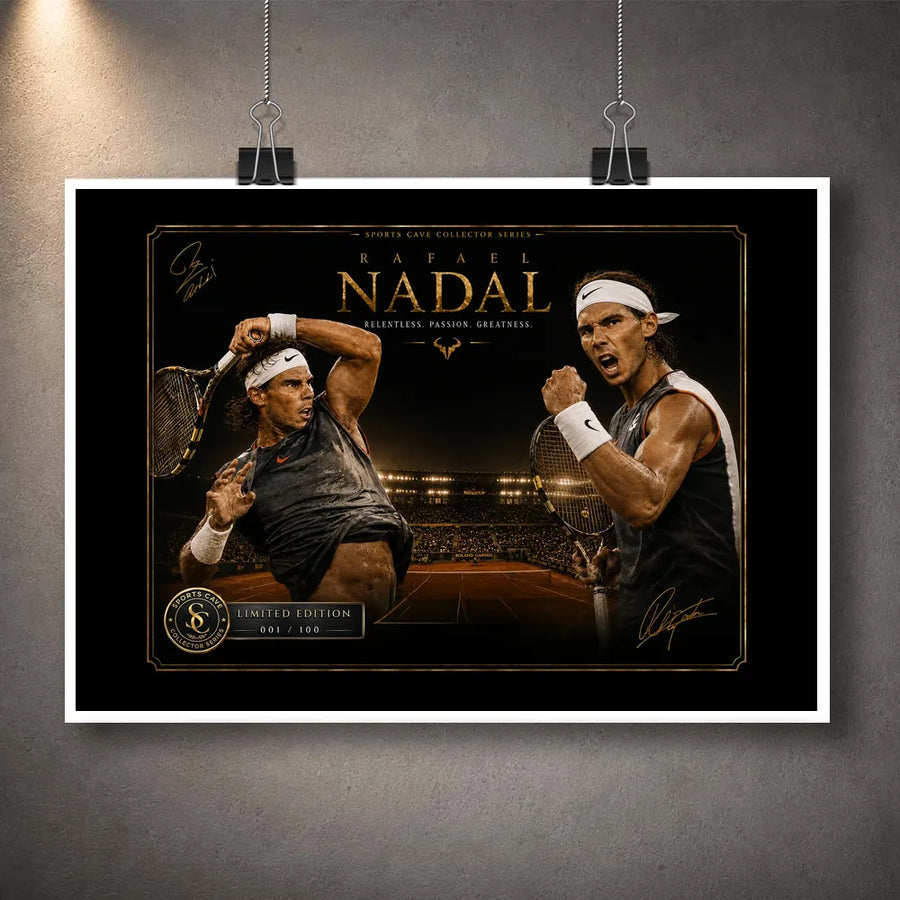 Rafael Nadal unframed tennis wall art print hanging with clips against a textured grey wall.