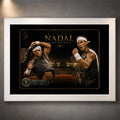 Rafael Nadal white framed tennis wall art featuring gold typography and clay court collector design.