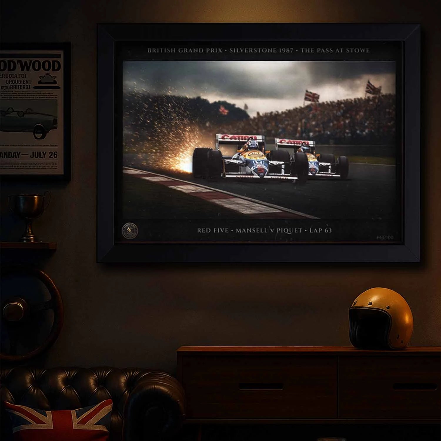 British motorsport wall art — Red Five at Stowe, Silverstone 1987, framed print for man cave.