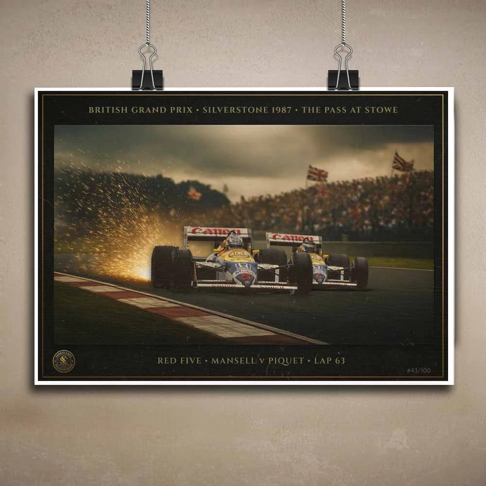 Unframed poster of Nigel Mansell Red Five pass at Stowe, British Grand Prix 1987 — UK motorsport art.