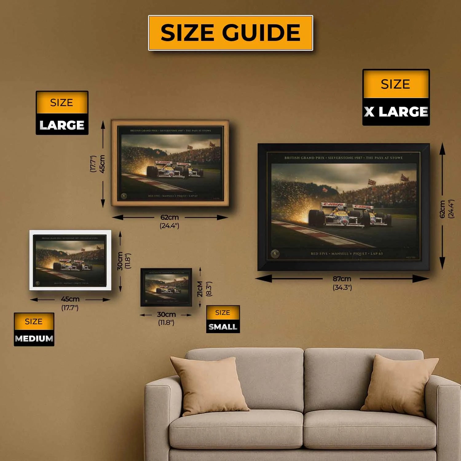 Size guide for “Red Five” Silverstone 1987 framed motorsport art — Mansell v Piquet, British GP.