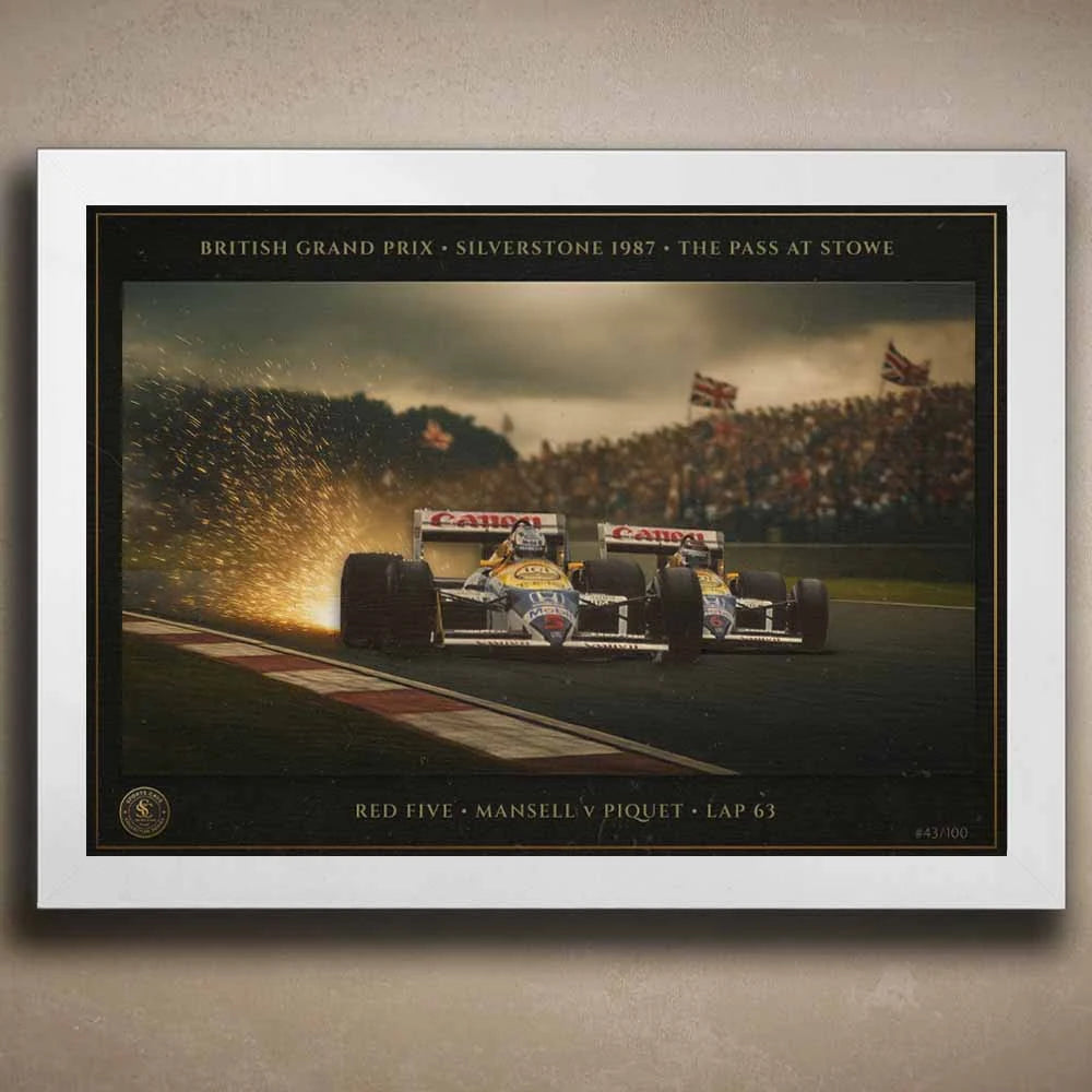 White-framed motorsport art — Red Five, Silverstone 1987, Nigel Mansell vs Nelson Piquet.