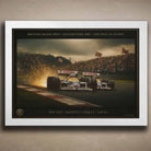 White-framed motorsport art — Red Five, Silverstone 1987, Nigel Mansell vs Nelson Piquet.