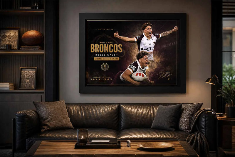 Reece Walsh Brisbane Broncos wall art in modern man cave setup, bold man cave wall décor for rugby fans