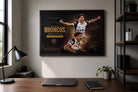 Reece Walsh Brisbane Broncos framed print displayed in office setting, premium sports wall art with bold rugby energy