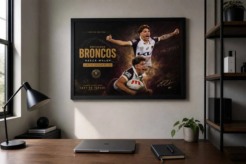 Reece Walsh Brisbane Broncos framed print displayed in office setting, premium sports wall art with bold rugby energy