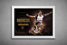 Reece Walsh Brisbane Broncos action artwork in white frame, premium rugby league sports wall art for modern interiors