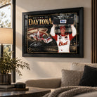 Dale Earnhardt Jr. Return to Daytona wall art displayed in a warm living room setting with a black frame.
