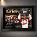 Black framed Dale Earnhardt Jr. Return to Daytona NASCAR wall art featuring the No. 8 racing tribute design.