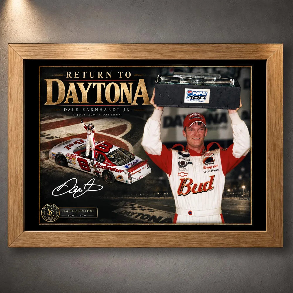 Oak framed Dale Earnhardt Jr. Return to Daytona NASCAR wall art featuring the No. 8 collector design.