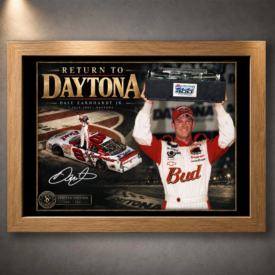 Oak framed Dale Earnhardt Jr. Return to Daytona NASCAR wall art featuring the No. 8 collector design.