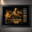 Ricky Ponting cricket wall art in a premium black frame featuring Australian colours, quote, badge and limited edition plaque.