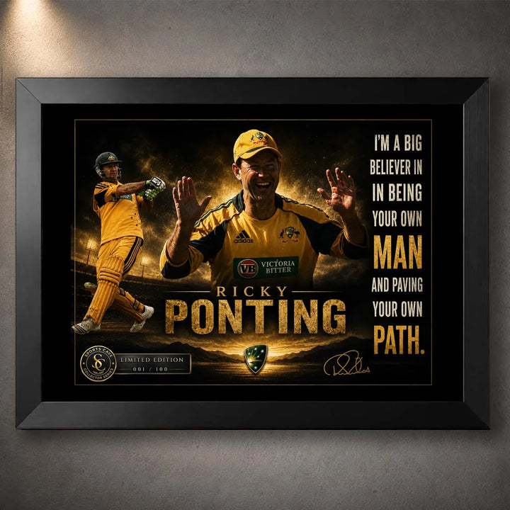 Ricky Ponting cricket wall art in a premium black frame featuring Australian colours, quote, badge and limited edition plaque.