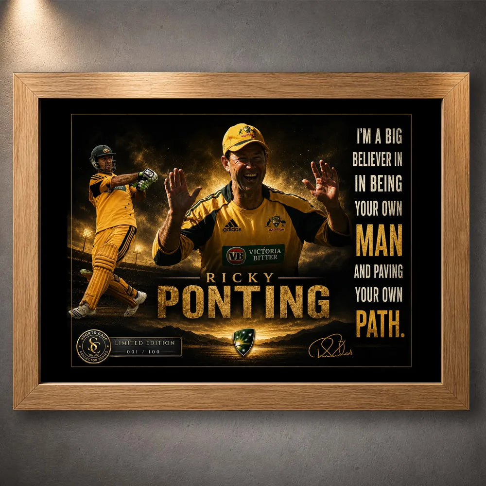 Ricky Ponting cricket wall art in a natural oak frame featuring Australian colours, motivational quote and limited edition plaque.