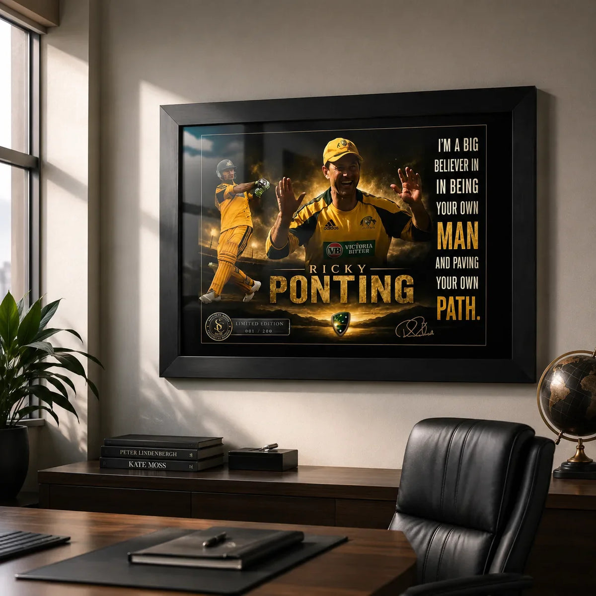 Ricky Ponting framed cricket wall art displayed above a timber desk in a refined office with soft natural window light.