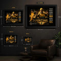 Ricky Ponting framed cricket wall art size guide showing small, medium, large and extra large dimensions in centimetres and inches.