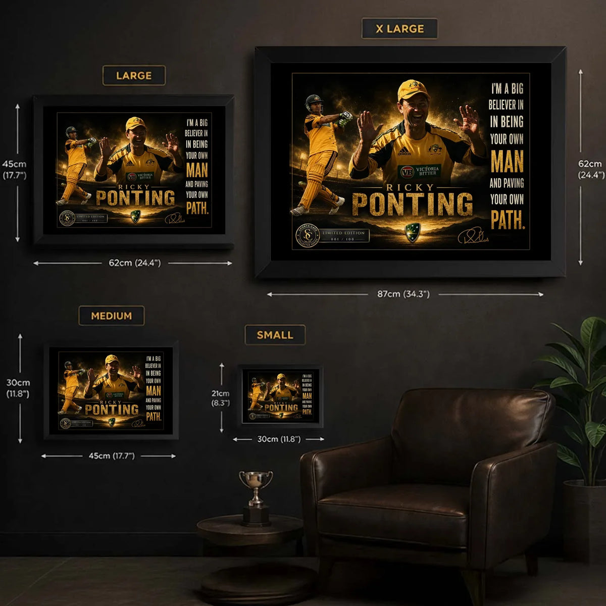Ricky Ponting framed cricket wall art size guide showing small, medium, large and extra large dimensions in centimetres and inches.