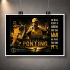 Unframed Ricky Ponting cricket wall art featuring Australian colours, iconic imagery, motivational quote and limited edition details.
