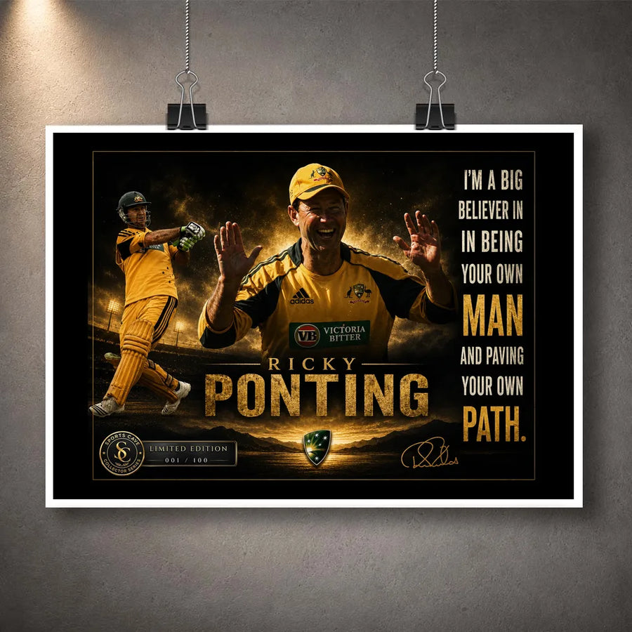 Unframed Ricky Ponting cricket wall art featuring Australian colours, iconic imagery, motivational quote and limited edition details.