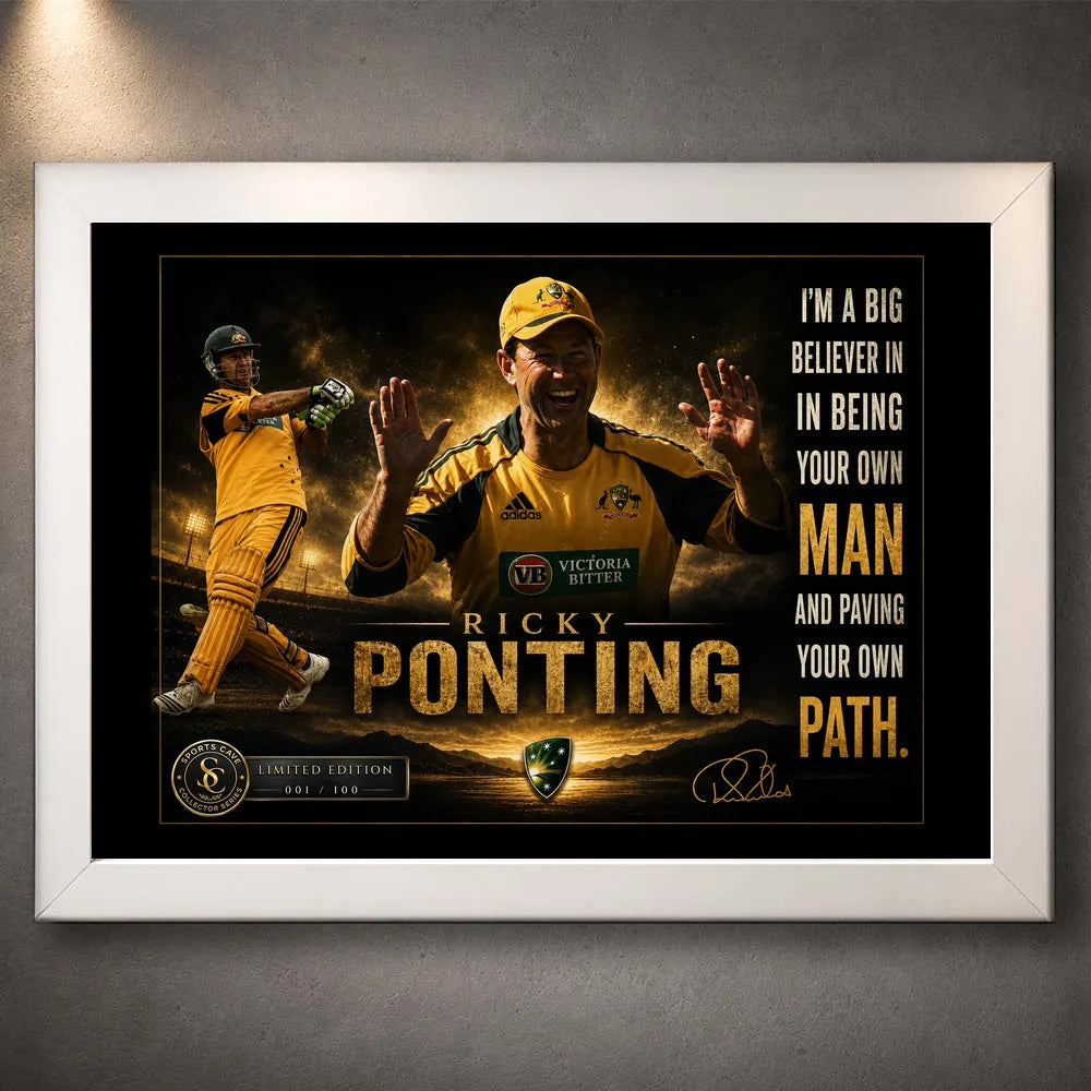 Ricky Ponting cricket wall art in a clean white frame featuring Australian imagery, leadership quote and limited edition plaque.