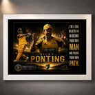 Ricky Ponting cricket wall art in a clean white frame featuring Australian imagery, leadership quote and limited edition plaque.