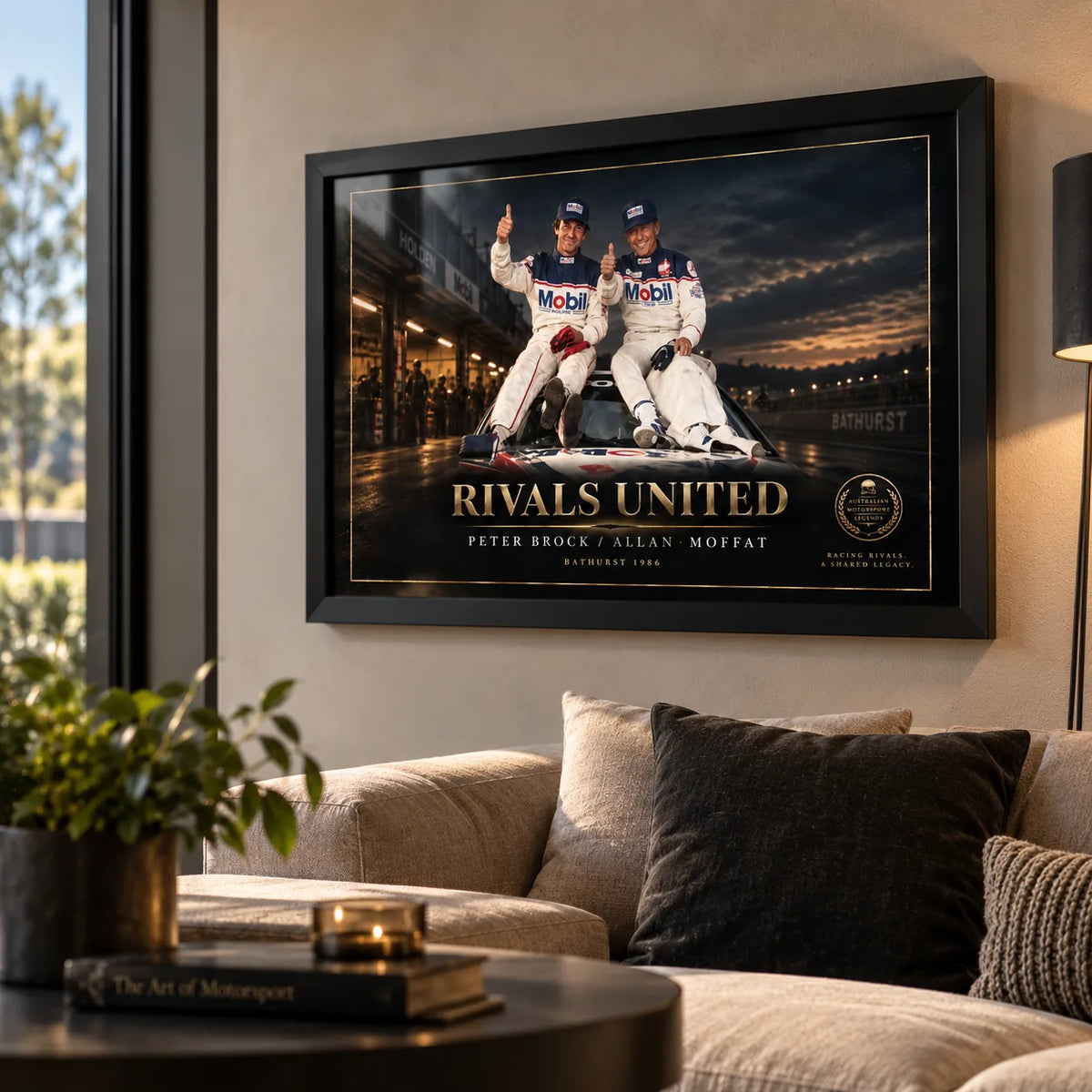 Peter Brock and Allan Moffat Rivals United wall art styled above a contemporary living room sofa.