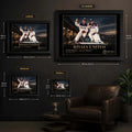Peter Brock and Allan Moffat wall art size guide showing Small, Medium, Large and X Large framed dimensions.
