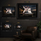 Peter Brock and Allan Moffat wall art size guide showing Small, Medium, Large and X Large framed dimensions.